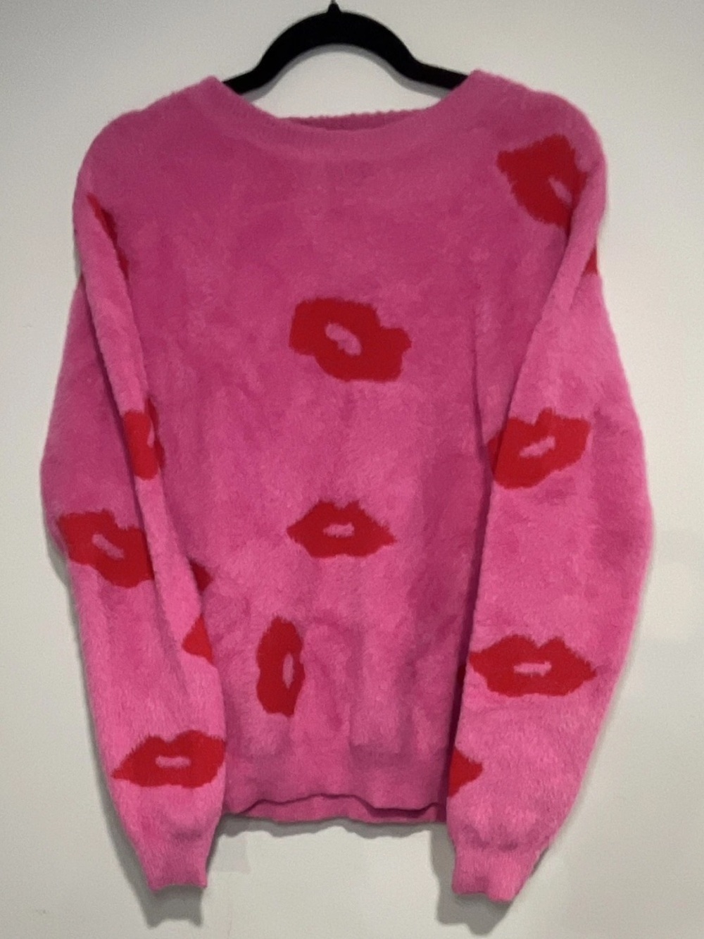 Pink Fuzzy Knit Lips Print Crewneck Sweater - XL